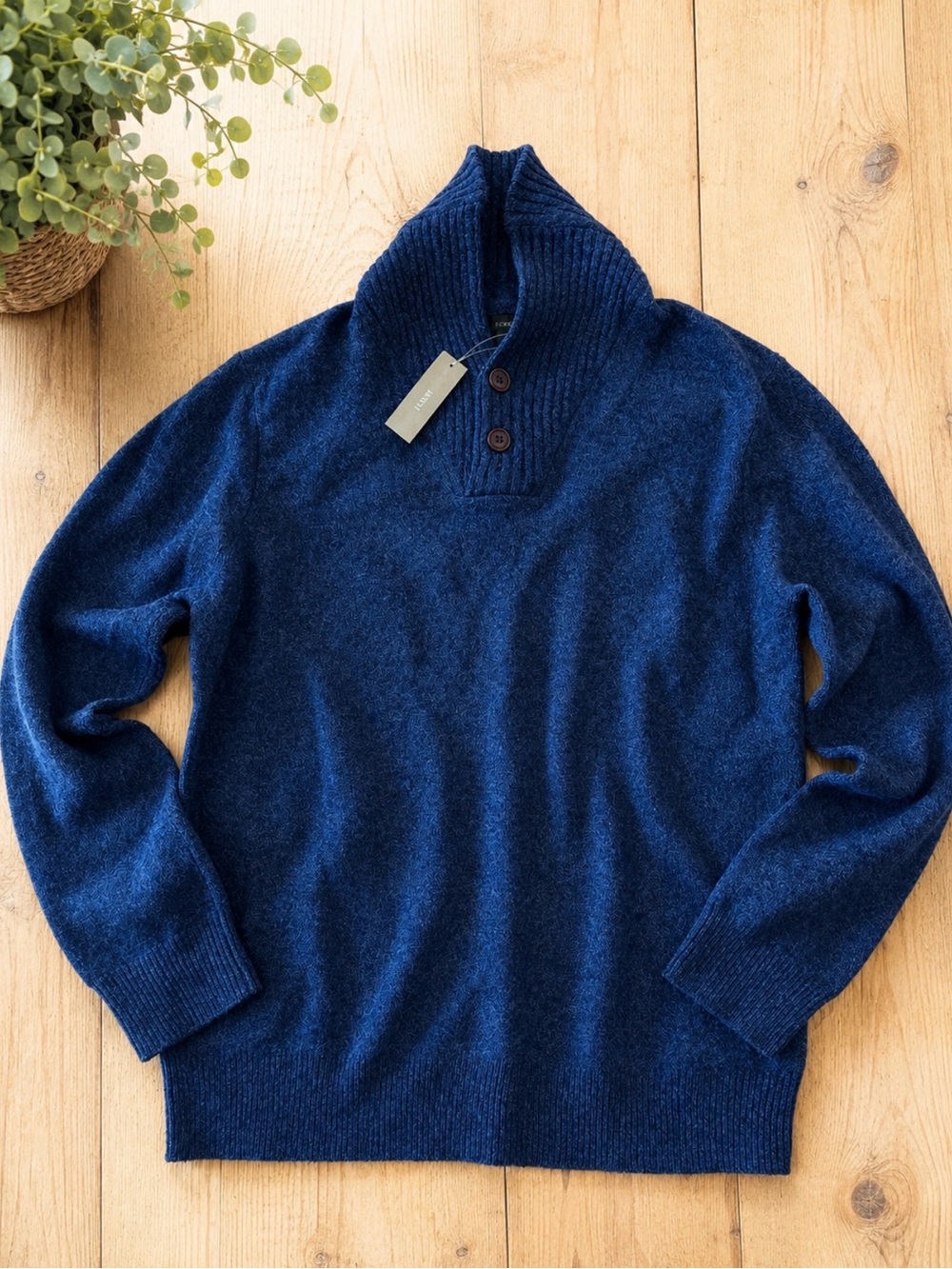 J. Crew Men's Deep Blue Button-Neck Turtleneck Sweater New 100% Lambs Wool